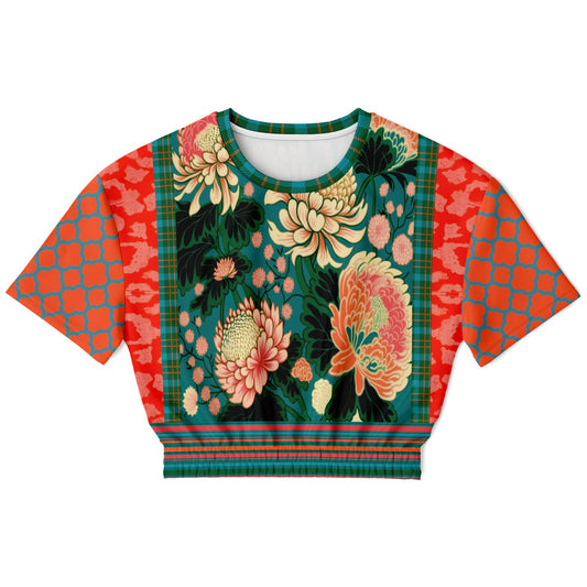 Zen Blossom in Orange and Green Asian Floral Eco-Poly Cropped Pullover