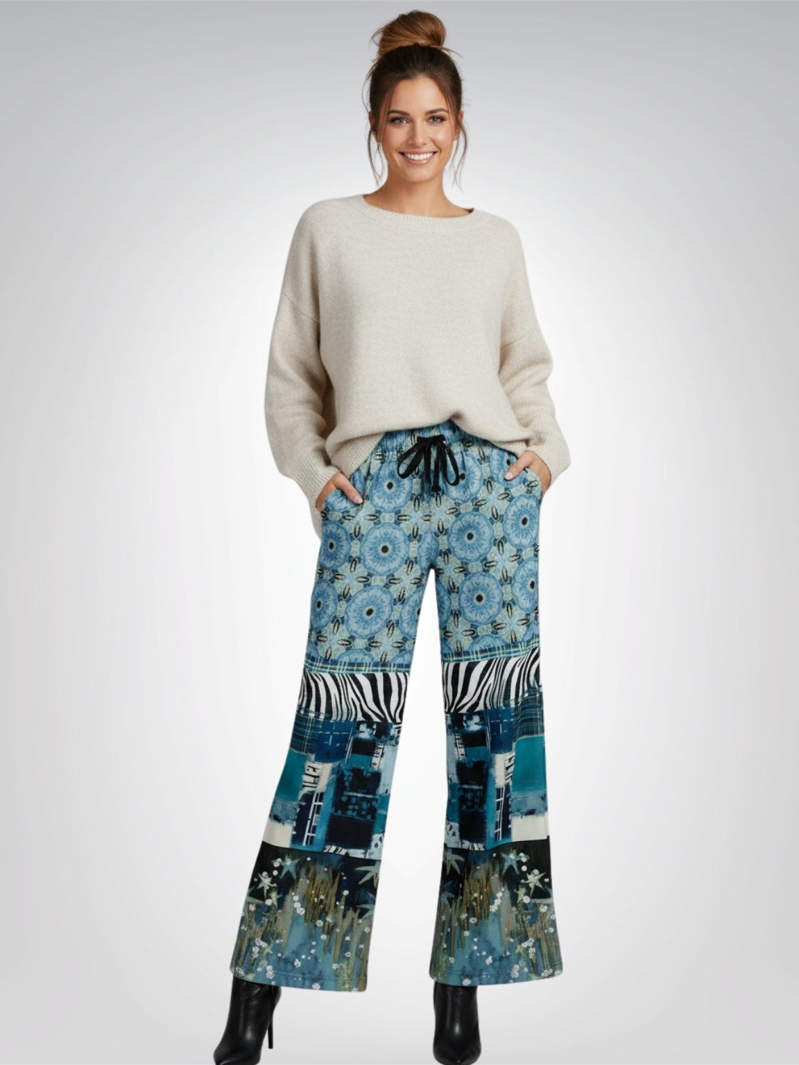 Zima in Frost Patchwork Print Eco-Poly Wide Leg Pants