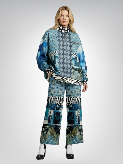 Zima in Frost Patchwork Print Heavyweight Oversized Quarter Zip Sweatshirt