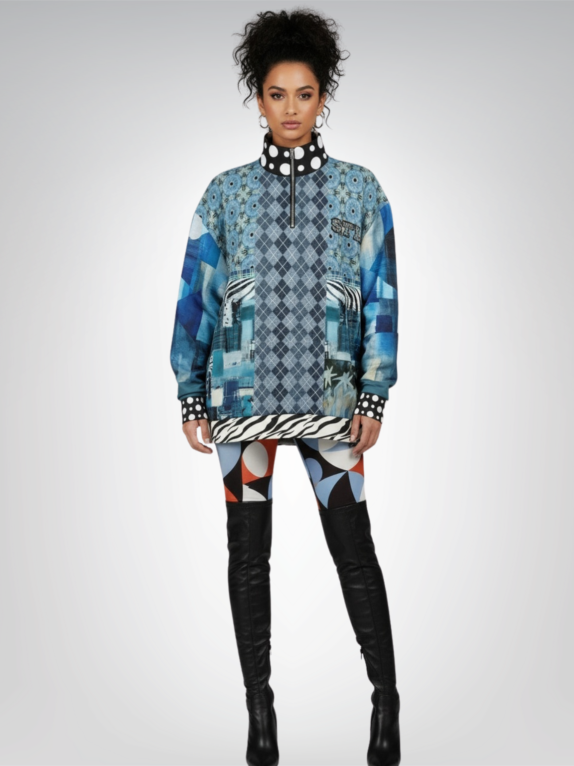Zima in Frost Patchwork Print Heavyweight Oversized Quarter Zip Sweatshirt