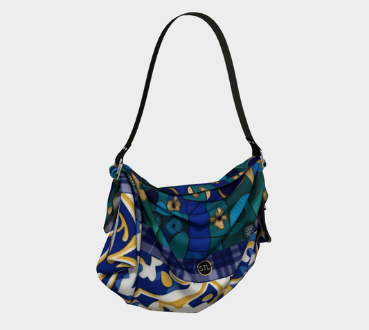 Bolso Hobo con bufanda floral a cuadros abstractos en verde azulado dorado