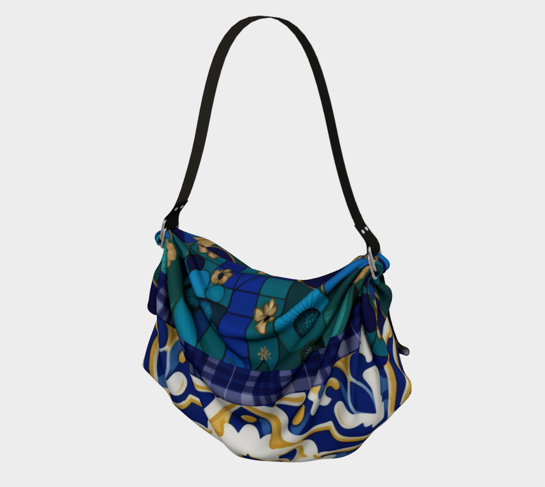 Bolso Hobo con bufanda floral a cuadros abstractos en verde azulado dorado