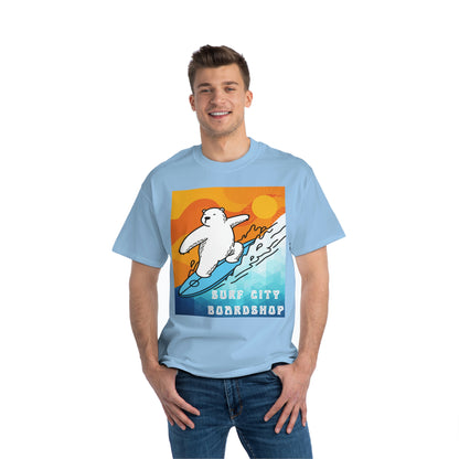 Camiseta de peso pesado Surf City Boardshop con mascota del oso polar, edición Sunset