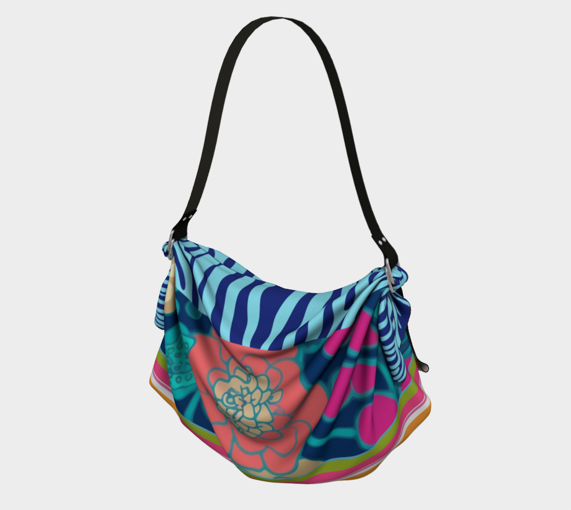 Bolso tipo bufanda hobo con rayas de cebra y flores de fresia azul