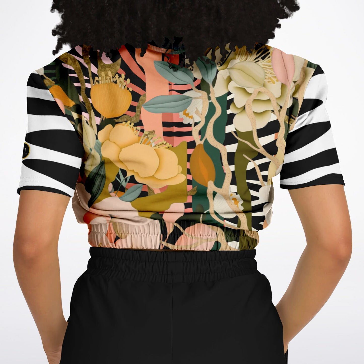 Ballerina in Garden Zebra Floral Stripe Cropped Short Sleeve Sweatshirt - AOP