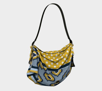 Bolso tipo hobo con bufanda y rayas de lunares y farol azul