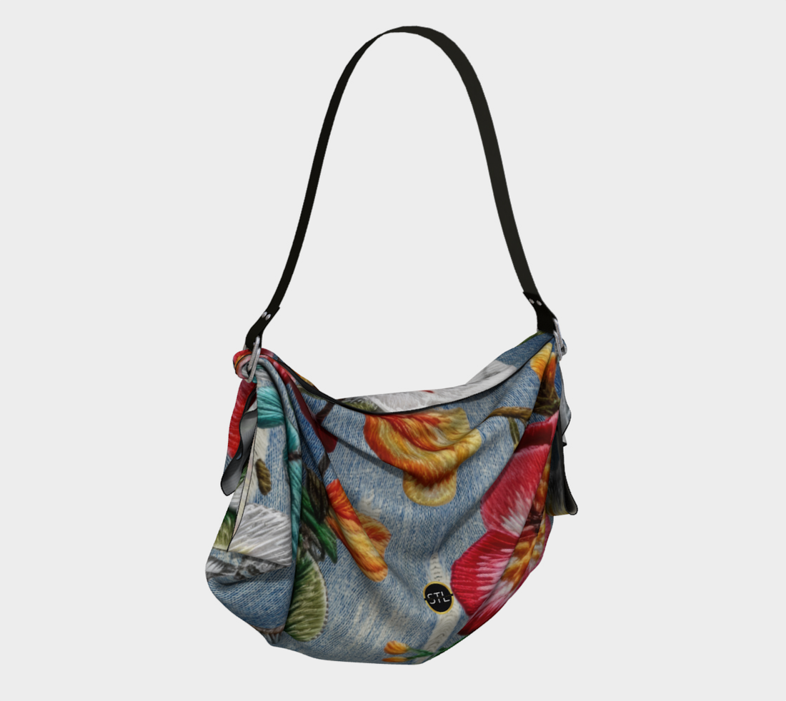 Hippie Girl Heathered Denim Floral Print Hobo Scarf Bag