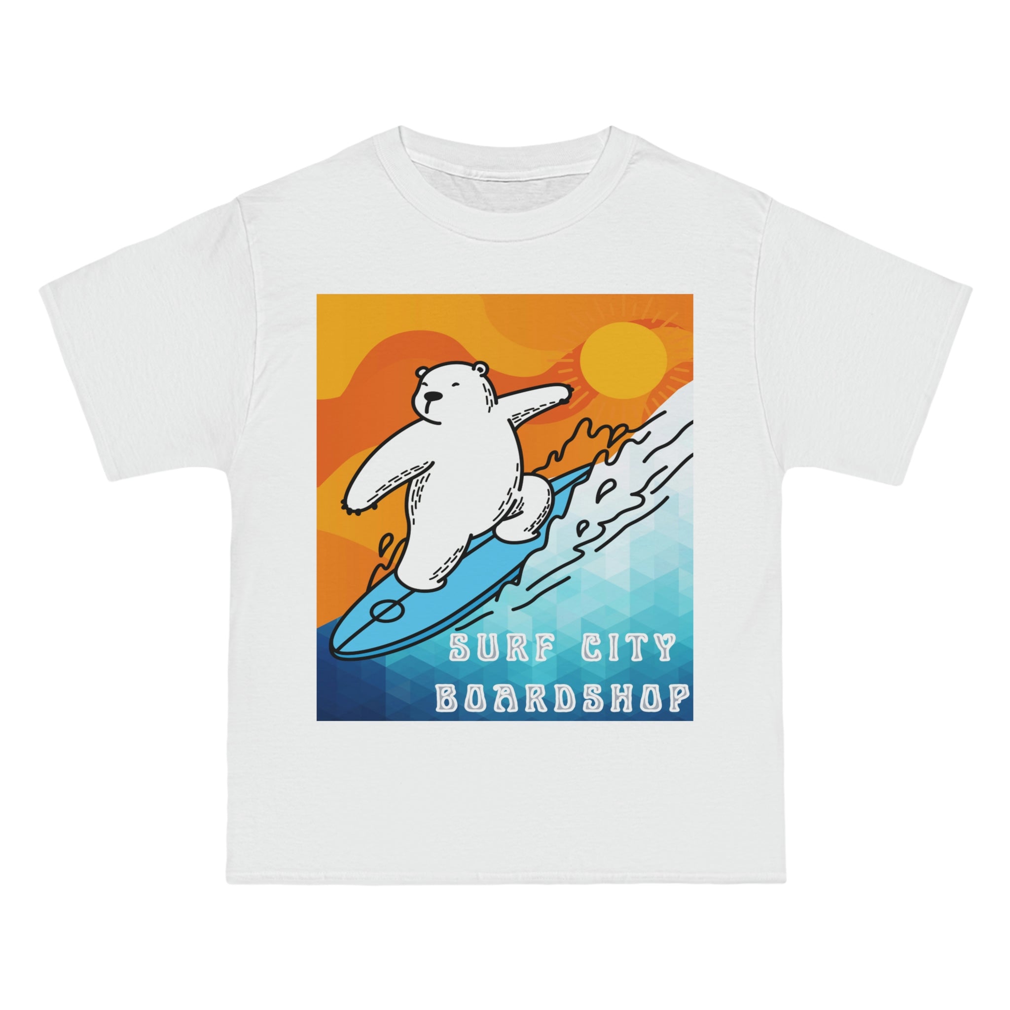 Camiseta de peso pesado Surf City Boardshop con mascota del oso polar, edición Sunset