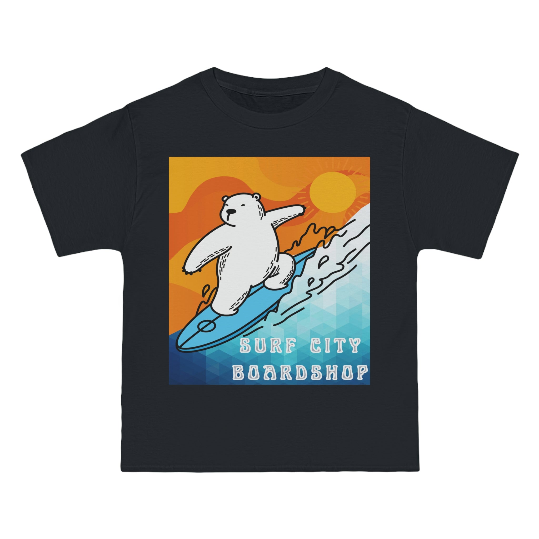 Camiseta de peso pesado Surf City Boardshop con mascota del oso polar, edición Sunset