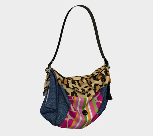 Bolso tipo hobo con bufanda y estampado de guepardo en denim oscuro, color rosa pasión