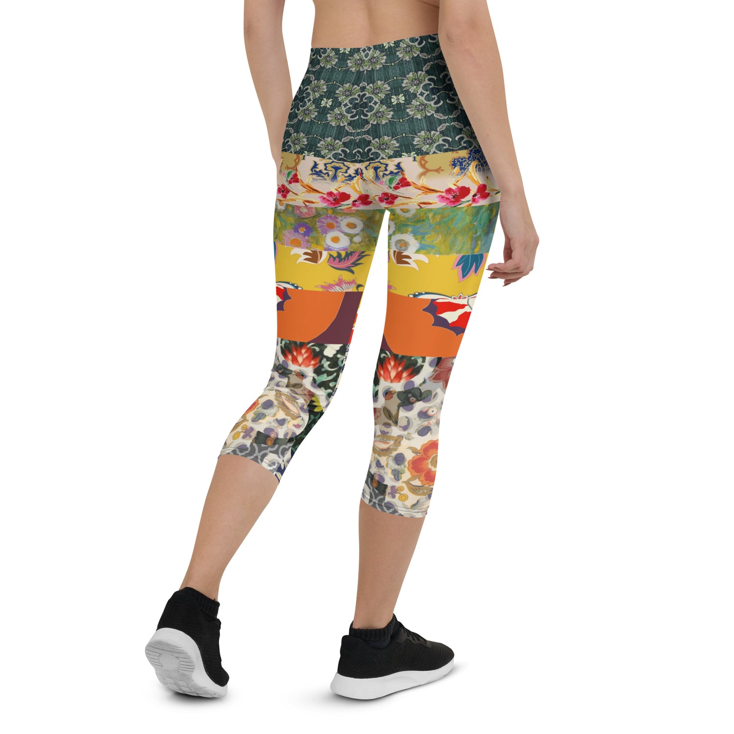 Floral Flapper Girl Art Deco Patchwork Print Capri Leggings