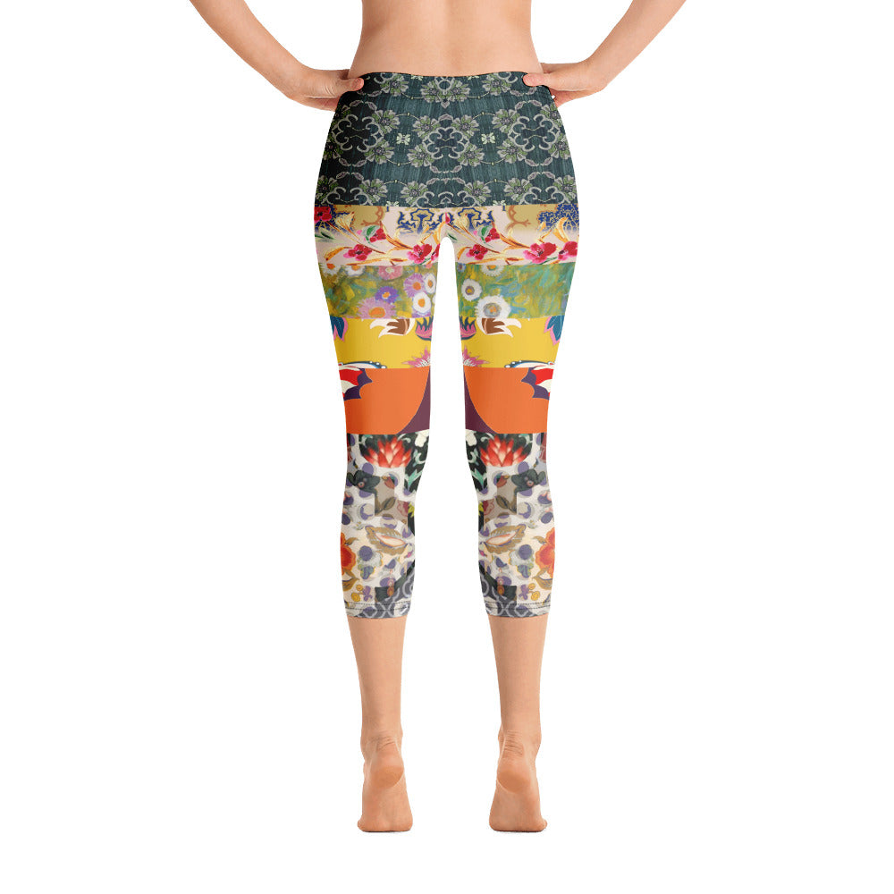 Leggings capri con estampado de patchwork art déco de chica flapper floral