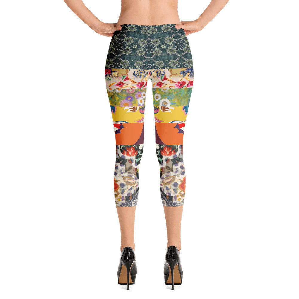 Leggings capri con estampado de patchwork art déco de chica flapper floral