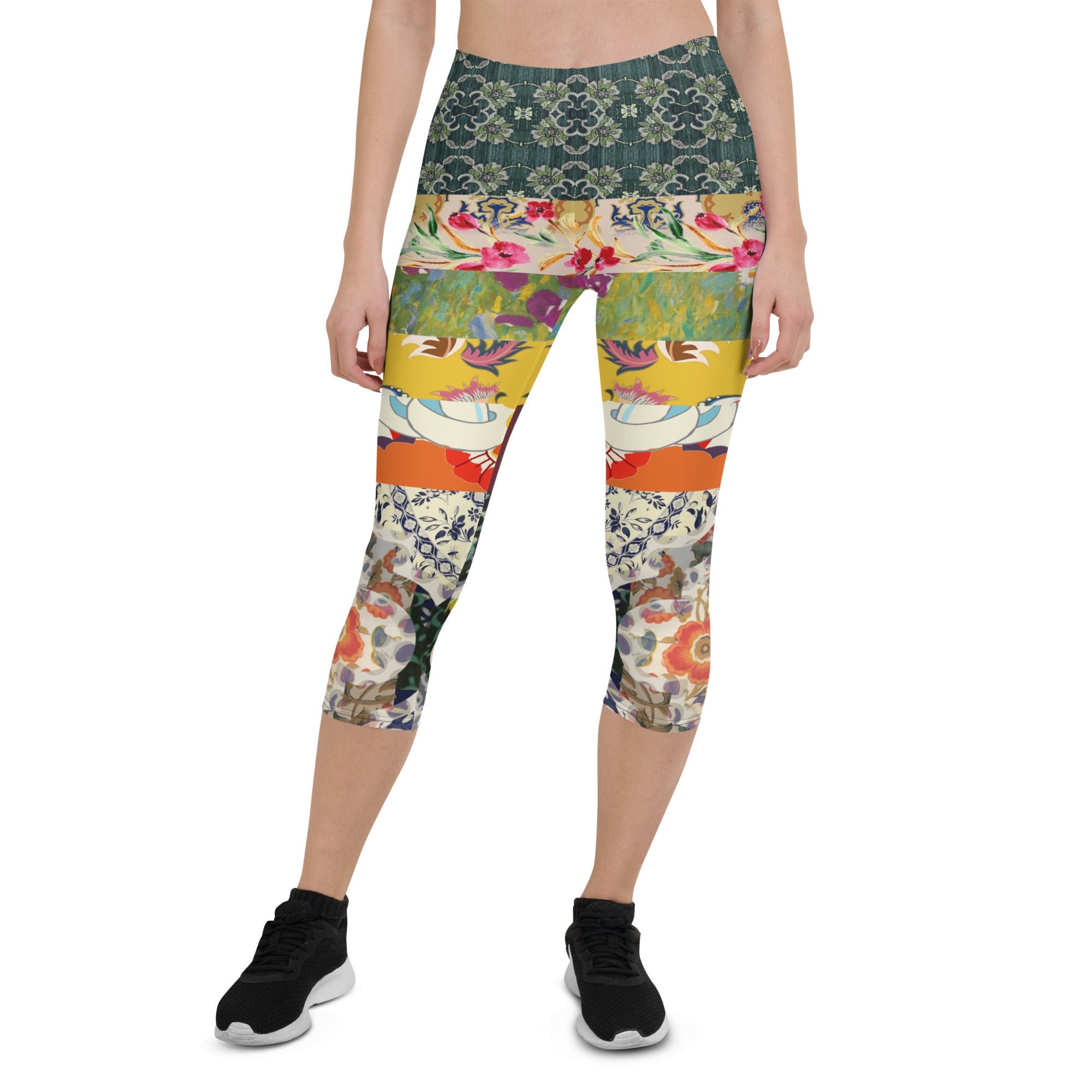 Leggings capri con estampado de patchwork art déco de chica flapper floral