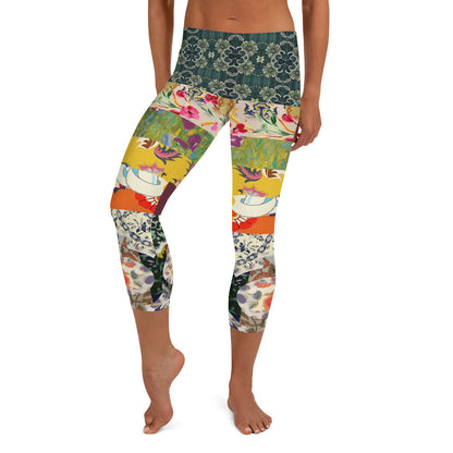 Leggings capri con estampado de patchwork art déco de chica flapper floral