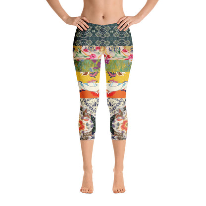 Floral Flapper Girl Art Deco Patchwork Print Capri Leggings