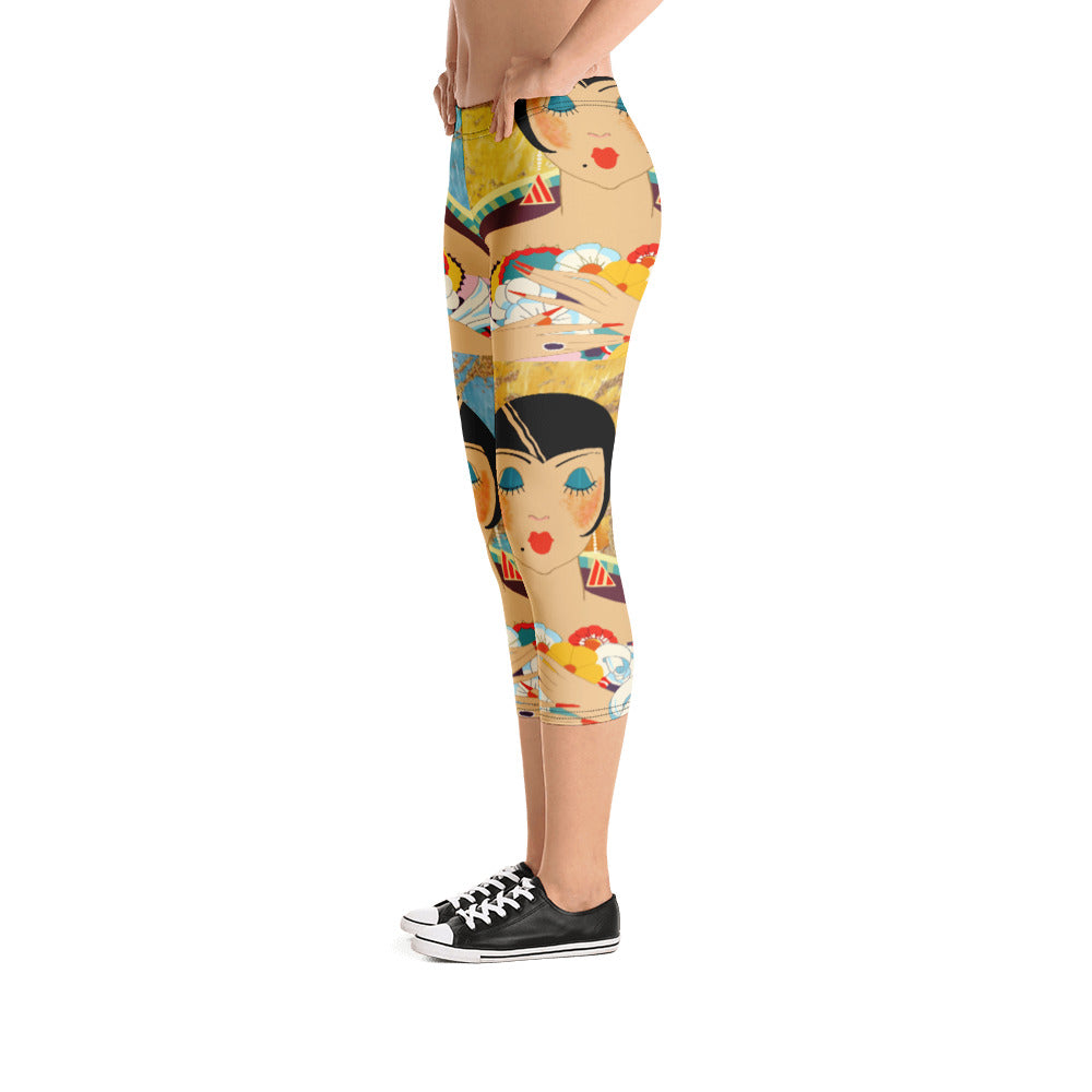 Floral Flapper Girl Vintage Print Capri Leggings