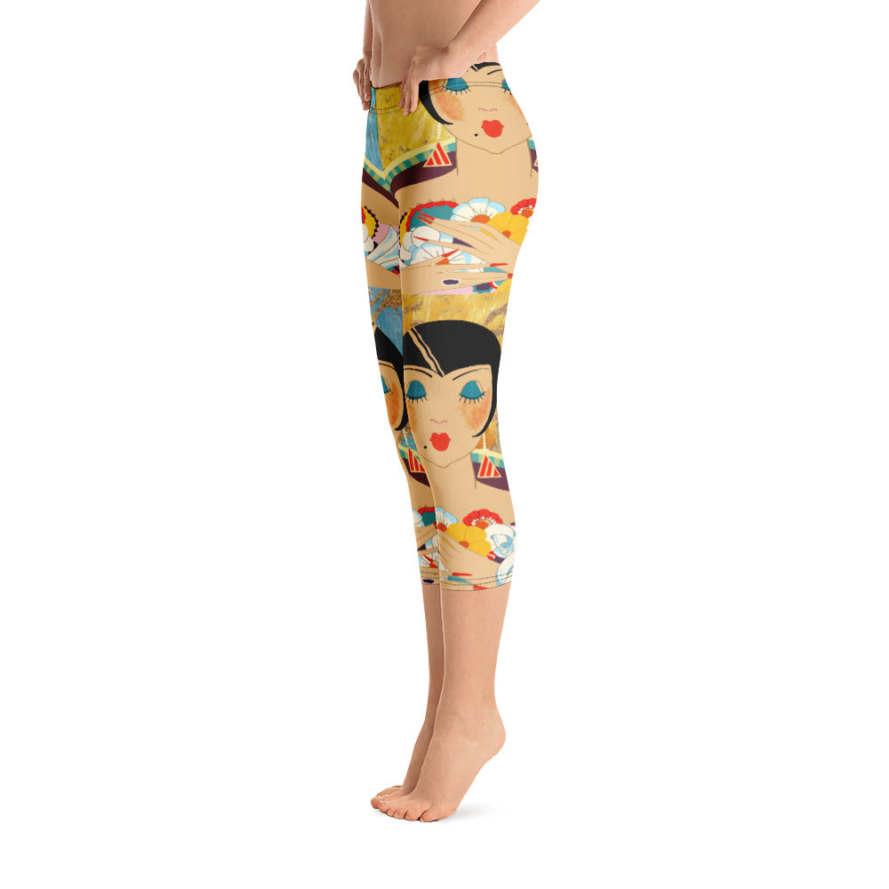 Floral Flapper Girl Vintage Print Capri Leggings