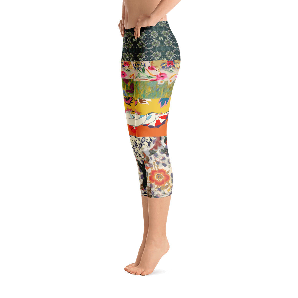 Leggings capri con estampado de patchwork art déco de chica flapper floral