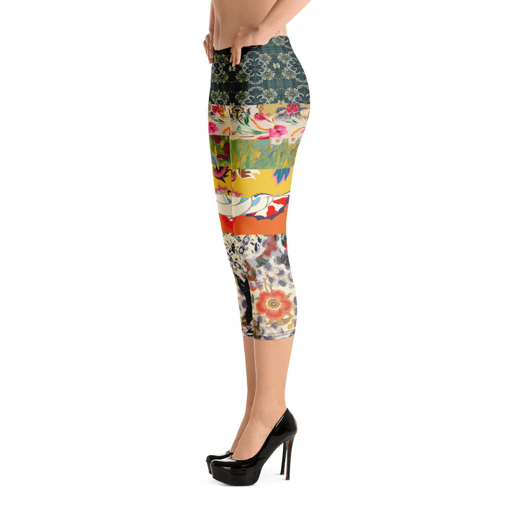 Floral Flapper Girl Art Deco Patchwork Print Capri Leggings