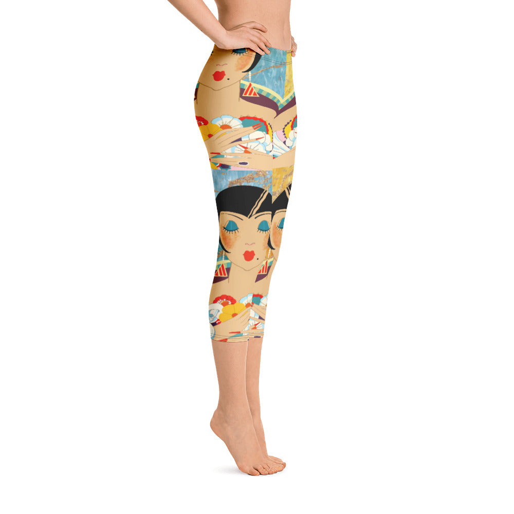 Floral Flapper Girl Vintage Print Capri Leggings