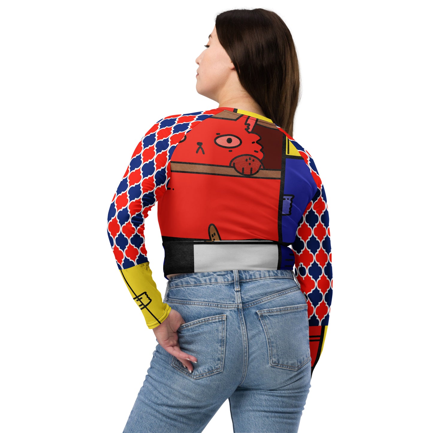 Cat in a Box Mondrian Cubism Eco-Poly Long-Sleeve Crop Top