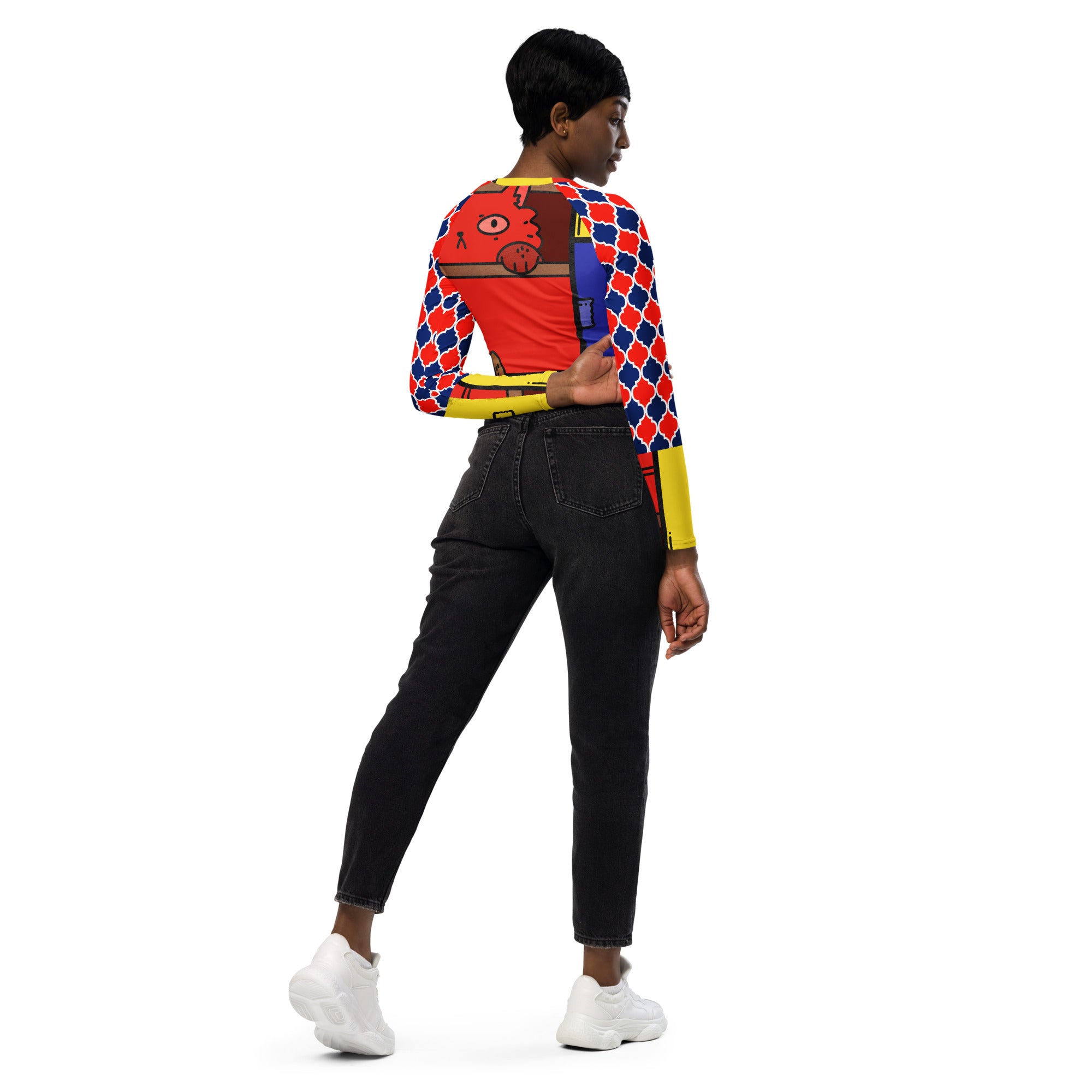 Cat in a Box Mondrian Cubism Eco-Poly Long-Sleeve Crop Top