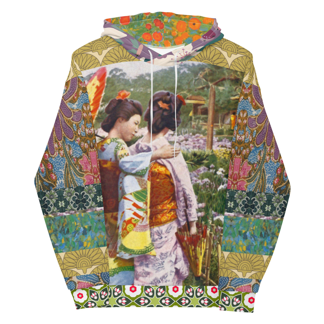 Kyoto Gardens Green Batiq Patchwork Unisex Hoody