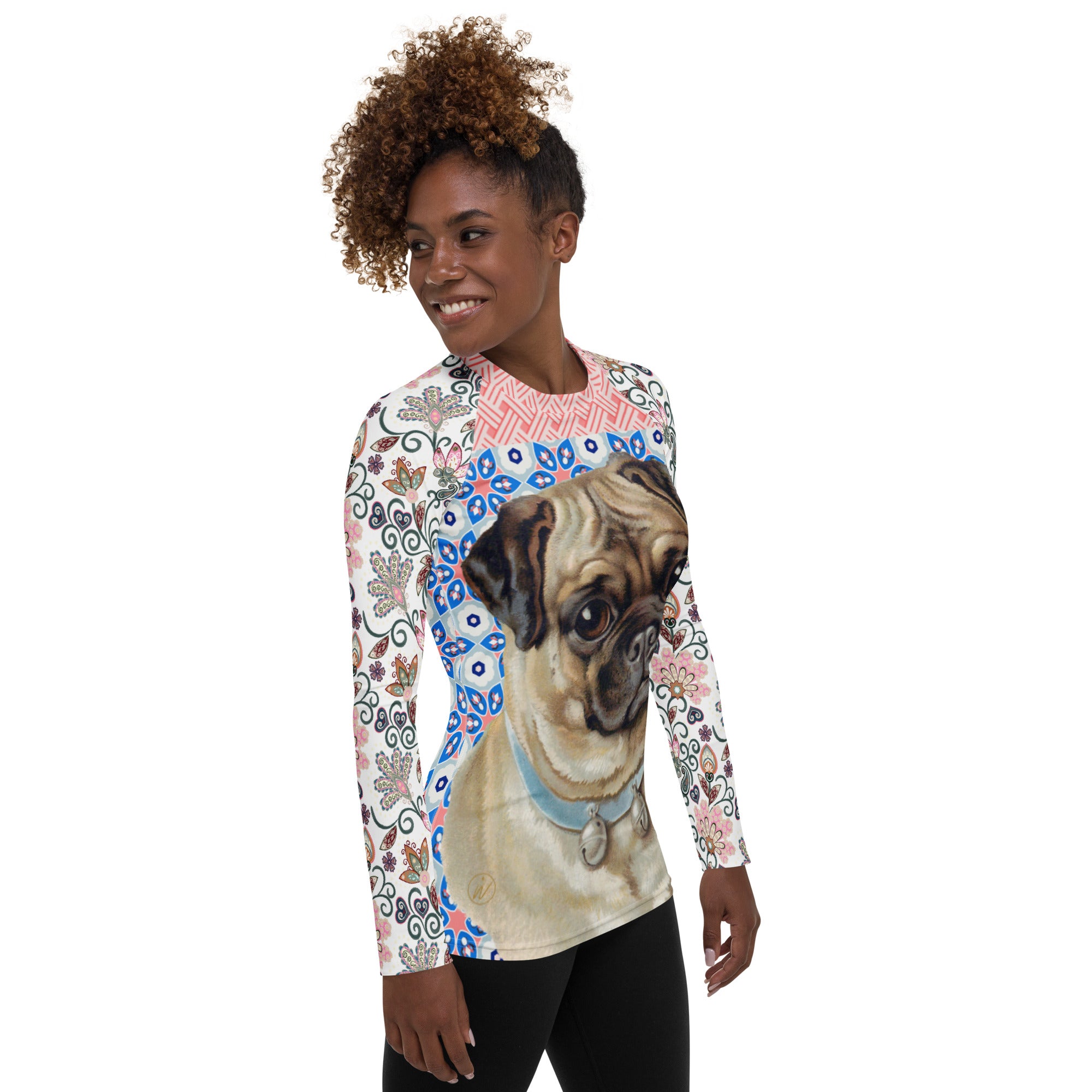 Rash Guard Jingle Pug con flores rosas y flores