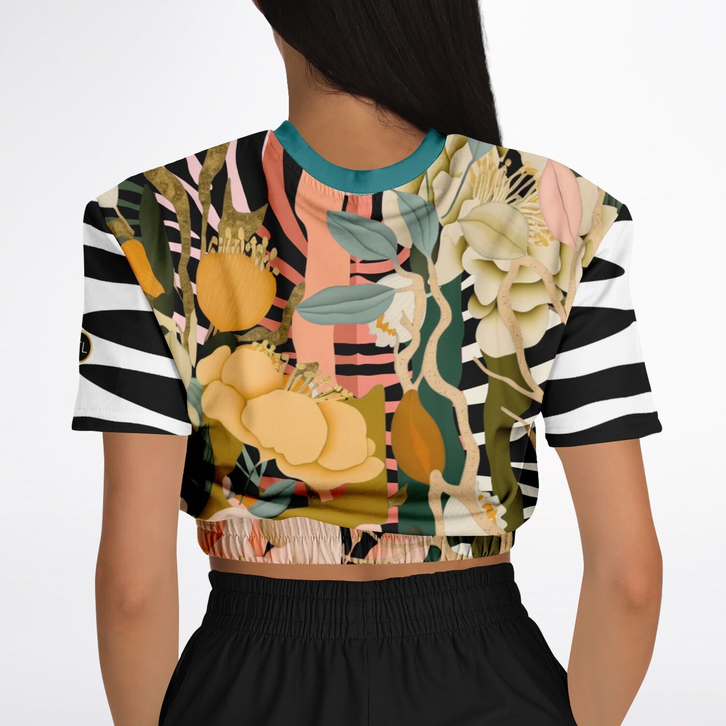 Ballerina in Garden Zebra Floral Stripe Cropped Short Sleeve Sweatshirt - AOP