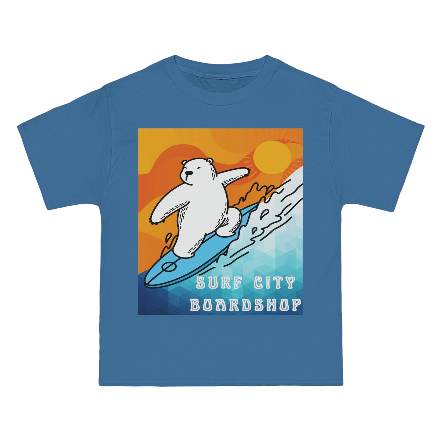 Camiseta de peso pesado Surf City Boardshop con mascota del oso polar, edición Sunset