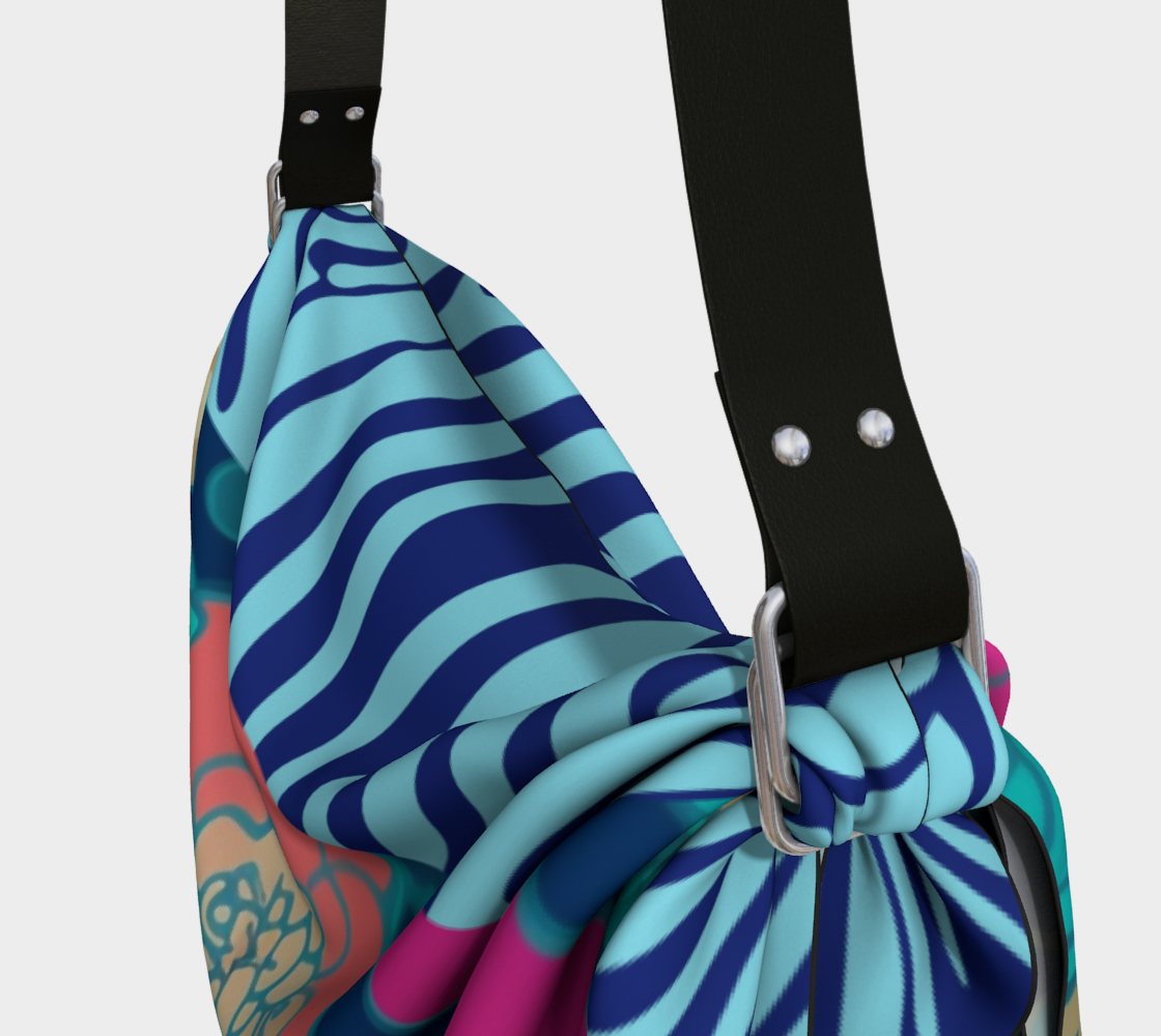 Bolso tipo bufanda hobo con rayas de cebra y flores de fresia azul