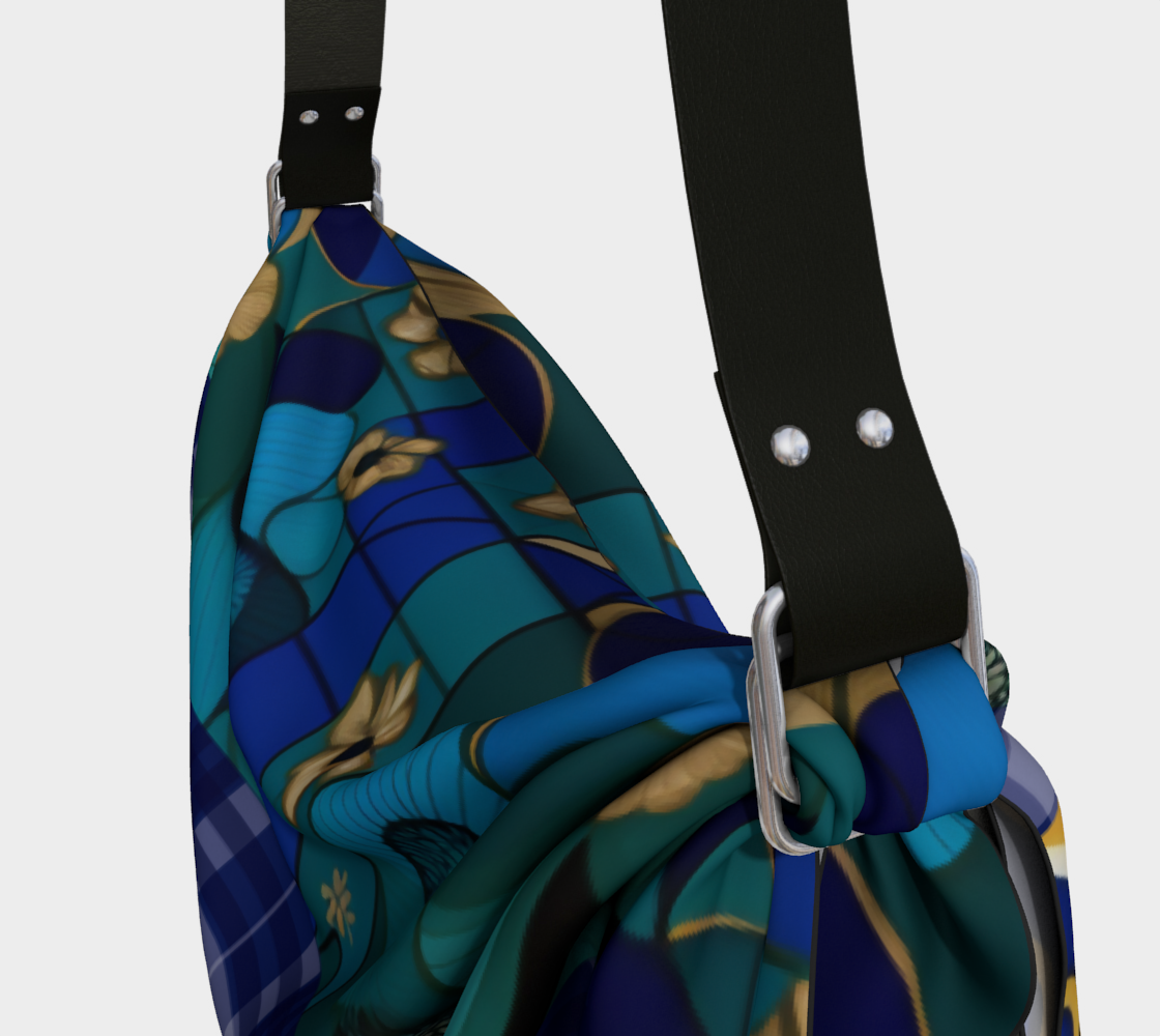 Bolso Hobo con bufanda floral a cuadros abstractos en verde azulado dorado