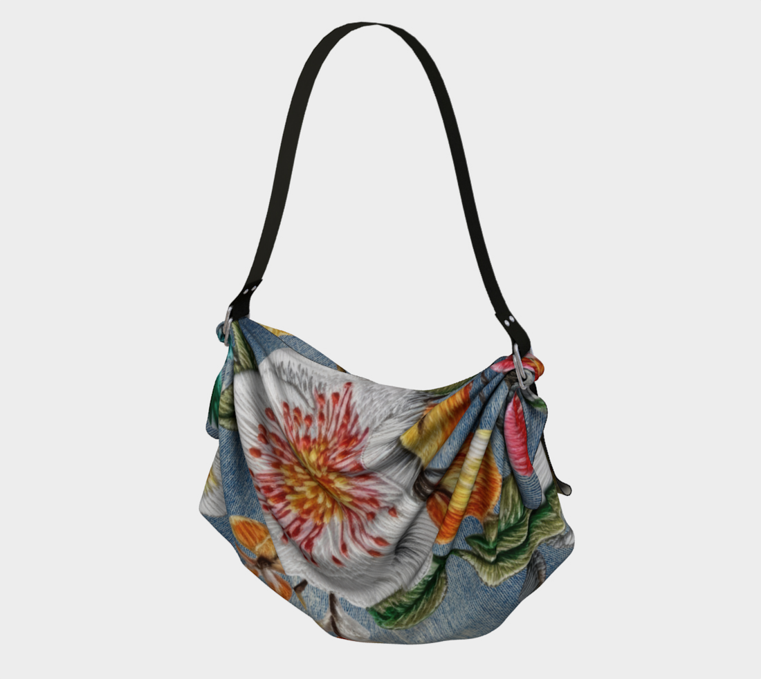 Bolso estilo hobo con bufanda y estampado floral de mezclilla jaspeada para niña hippie