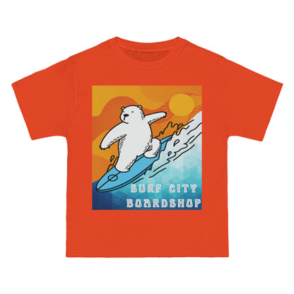 Camiseta de peso pesado Surf City Boardshop con mascota del oso polar, edición Sunset