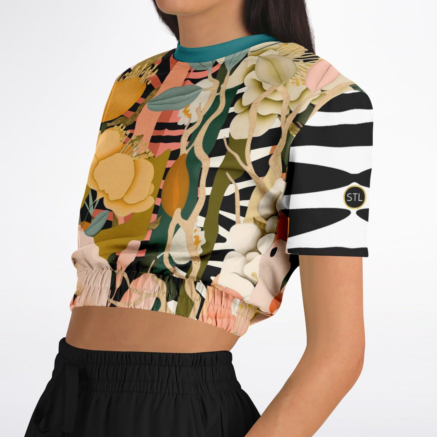 Ballerina in Garden Zebra Floral Stripe Cropped Short Sleeve Sweatshirt - AOP