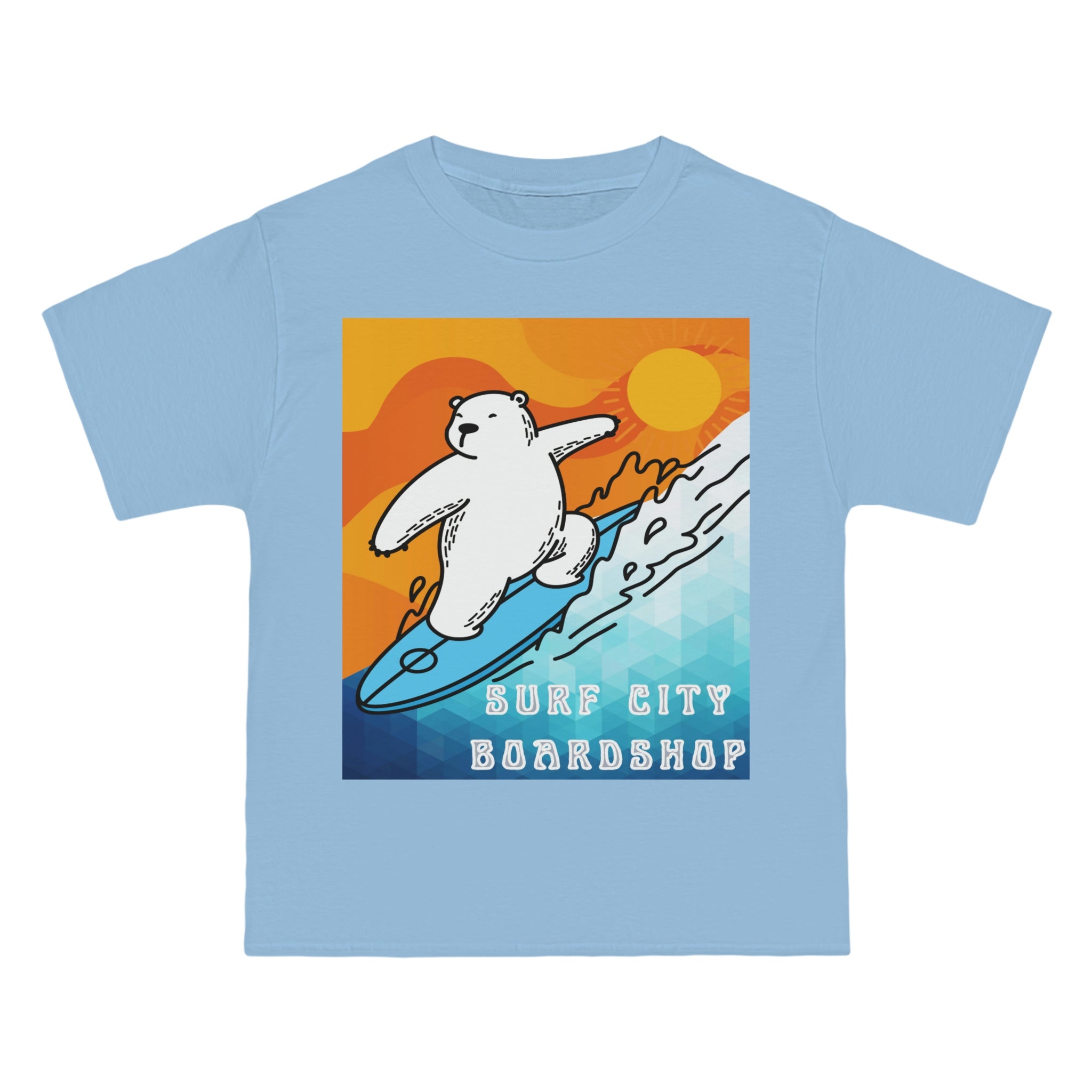 Camiseta de peso pesado Surf City Boardshop con mascota del oso polar, edición Sunset