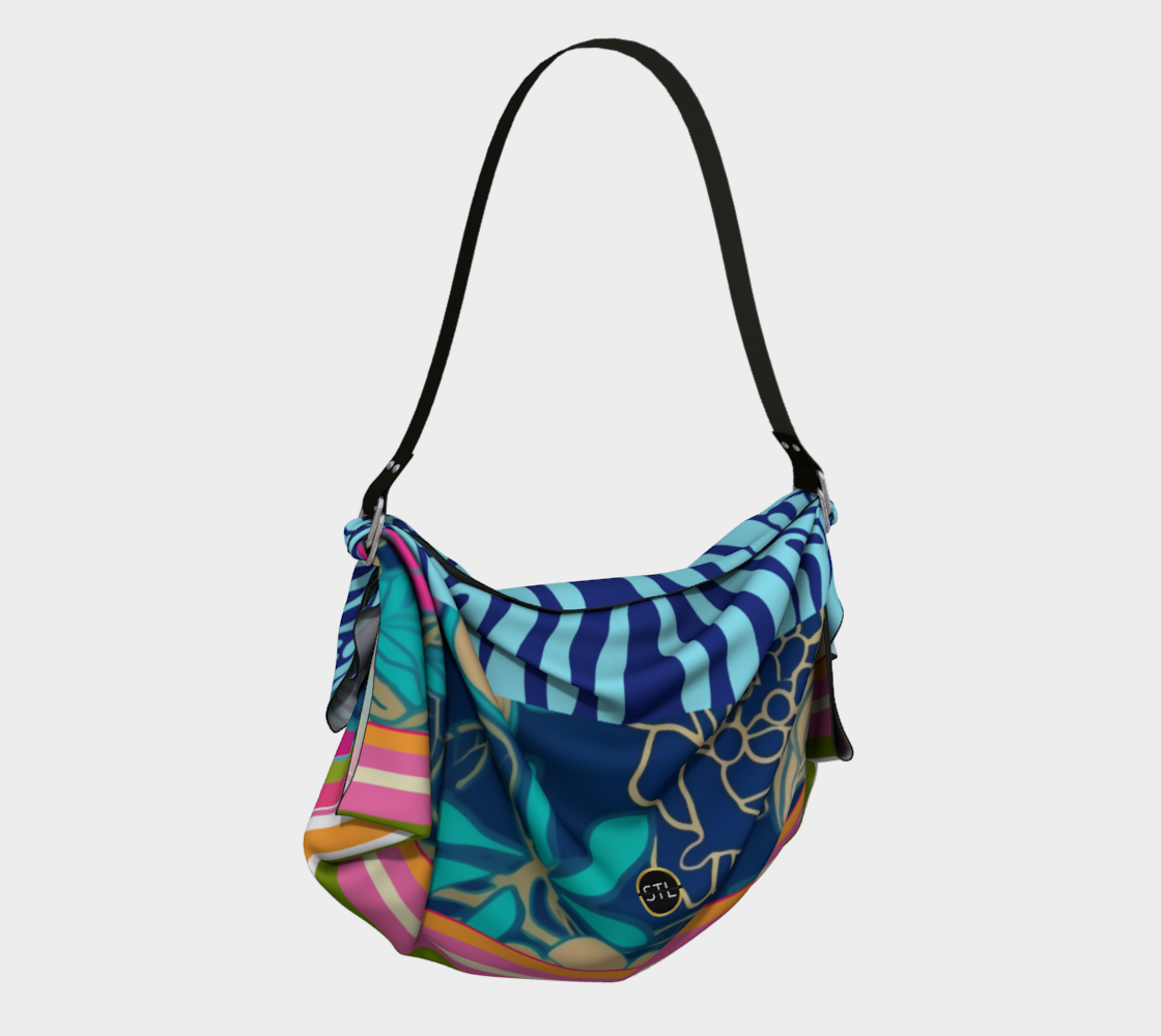 Bolso tipo bufanda hobo con rayas de cebra y flores de fresia azul