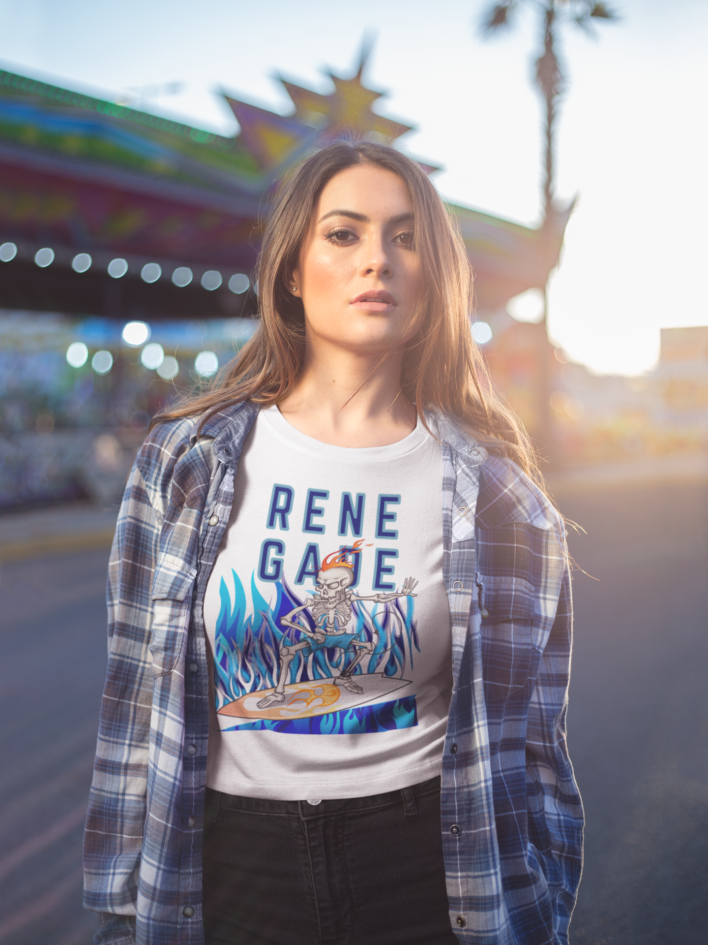 Camiseta pesada Renegade Skeleton Surfer Blue Flame Edition