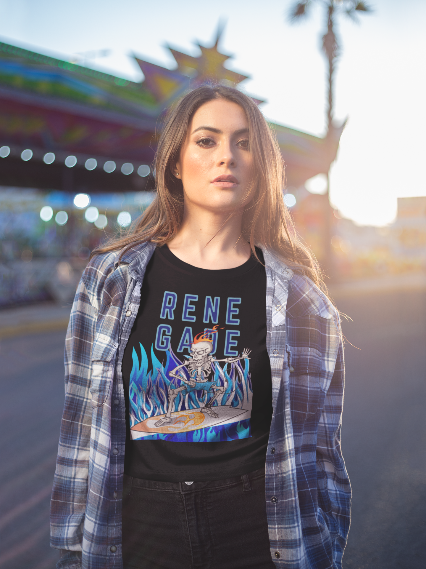 Camiseta pesada Renegade Skeleton Surfer Blue Flame Edition