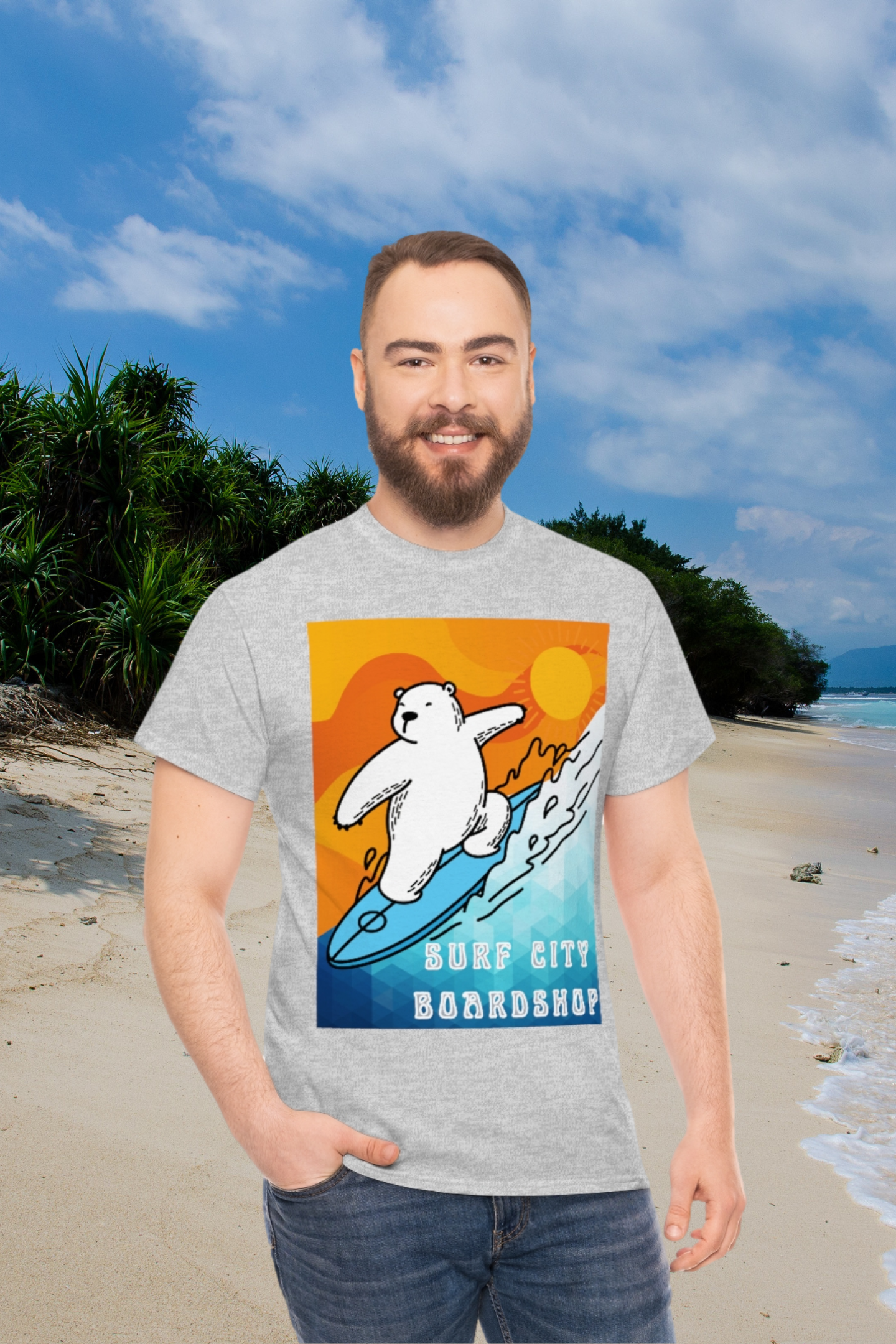 Camiseta de peso pesado Surf City Boardshop con mascota del oso polar, edición Sunset